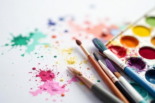 Various paint brushes and palette on white background, equipment, artist