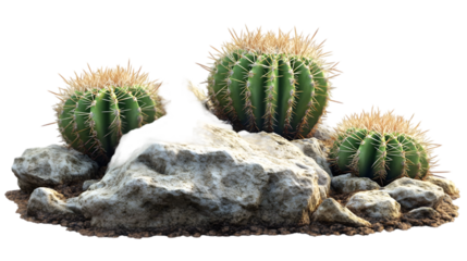 A close up view of three green cacti sitting on top of a pile of gray rocks and dirt