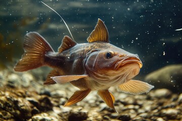 Ameiurus Nebulosus. Closeup of Brown Bullhead Catfish Fish in River Habitat