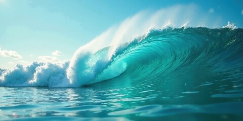 Naklejka premium A Majestic Ocean Wave Curls and Breaks, Displaying Vibrant Turquoise Hues Under a Clear Sky