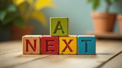 A Next Step Colorful Wooden Blocks Spelling Out a Concept of Progression and Advancement on a Rustic Wooden Surface