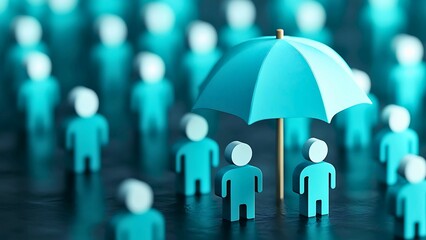 An umbrella protects people, symbolizing protection and security. This image conveys insurance or a supportive system. A blue color scheme evokes trust and stability