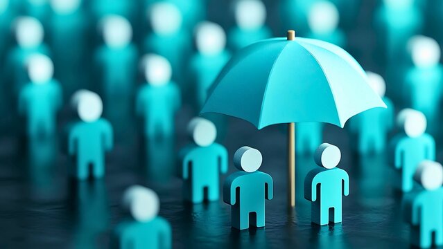 An umbrella protects people, symbolizing protection and security. This image conveys insurance or a supportive system. A blue color scheme evokes trust and stability