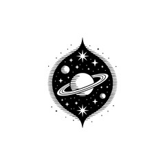 Obraz premium Intricate Space Emblem: Saturn and Stars in Black and White