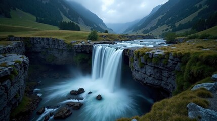 Fototapeta premium High-quality night photo of Trummelbach Falls in Switzerland, Europe, with cloudy skies, shot from an elevated perspective for a breathtaking view of the falls.