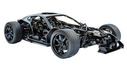 A partially constructed race car chassis with visible engine and wheels on a black background in studio