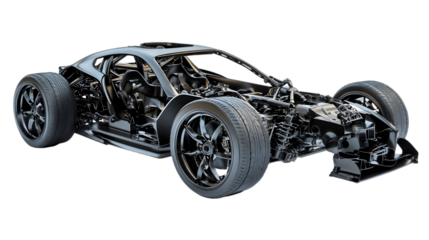 A partially constructed race car chassis with visible engine and wheels on a black background in studio
