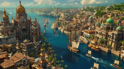 Naklejka premium A vibrant cityscape featuring ornate architecture, bustling waterways, and sailing ships under a bright sky