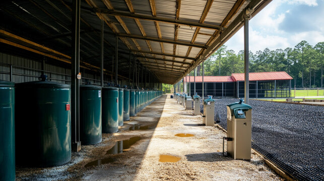 A large poultry enclosure showcases multiple clean water dispensers arranged neatly along a covered walkway, surrounded by a well-maintained environment under clear skies.
