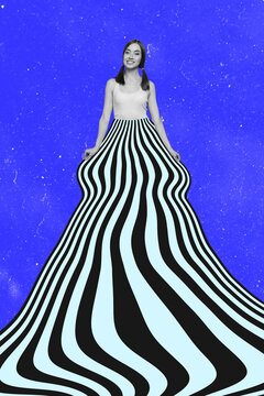 Composite image montage trend artwork 3D collage of young woman smile posing haf body line striped zebra style print way surrealism abstract