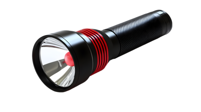 A close up shot of a black and red flashlight on a black background with a bright white light source