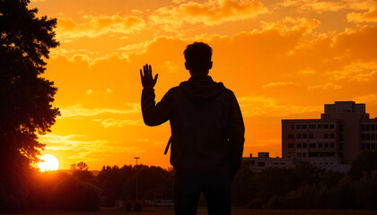 Fototapeta premium Silhouette of a young man waving goodbye at sunset with vibrant orange and yellow sky