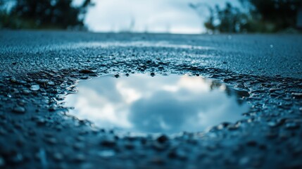 The still puddle mirrors drifting clouds, with scattered raindrops adding texture to the tranquil scene.