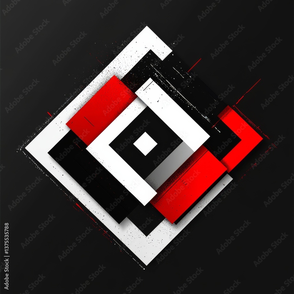 Aufkleber abstract geometric composition: a dynamic interplay of black, white, and red squares on a dark canva