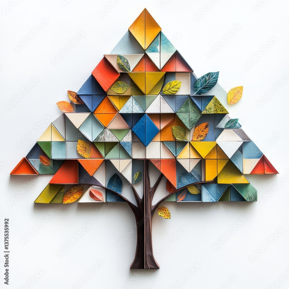 Poster abstract tree mosaic: a colorful composition of triangles and autumn leaves on white backdrop