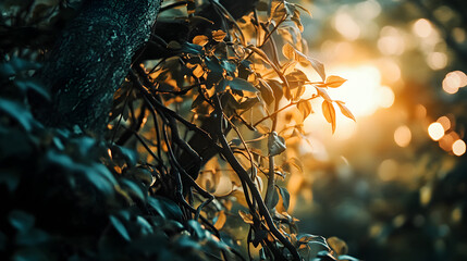 tangled vines on a tree with soft light highlighting the intricate patterns of the leaves and branches 
