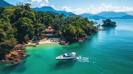 A high-quality aerial view of a luxurious speedboat gliding through turquoise waters, surrounded by rich Brazilian Atlantic vegetation, offering a peaceful and natural escape.