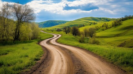 Naklejka premium A winding dirt road cuts through rolling hills and budding trees, alive with the fresh colors of spring.