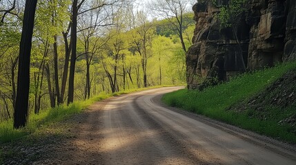 Obraz premium A winding dirt road cuts through rolling hills and budding trees, alive with the fresh colors of spring.