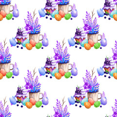 Easter seamless pattern hand drawn watercolor. Colored eggs. Cupcake with berry cream. Bouquet of flowers. Illustration background for fabric and packaging.
