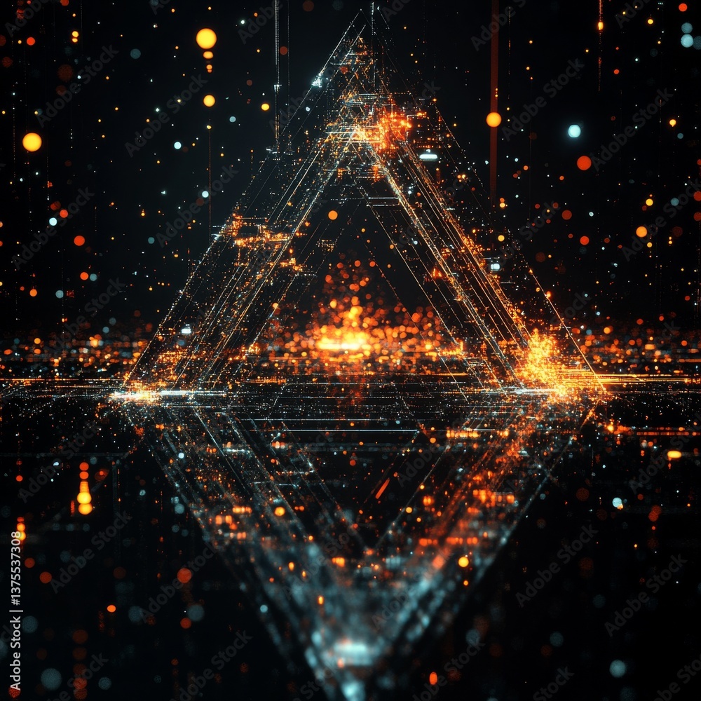 Poster Ethereal Triangle: A Glowing Network of Light Points and Reflections in a Dark Digital Space, Immersive Abstract Art