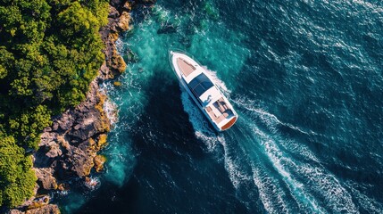 Fototapeta premium A luxury small speedboat seen from above, speeding through blue waters, surrounded by tropical Brazilian Atlantic vegetation and providing a peaceful yet invigorating escape.