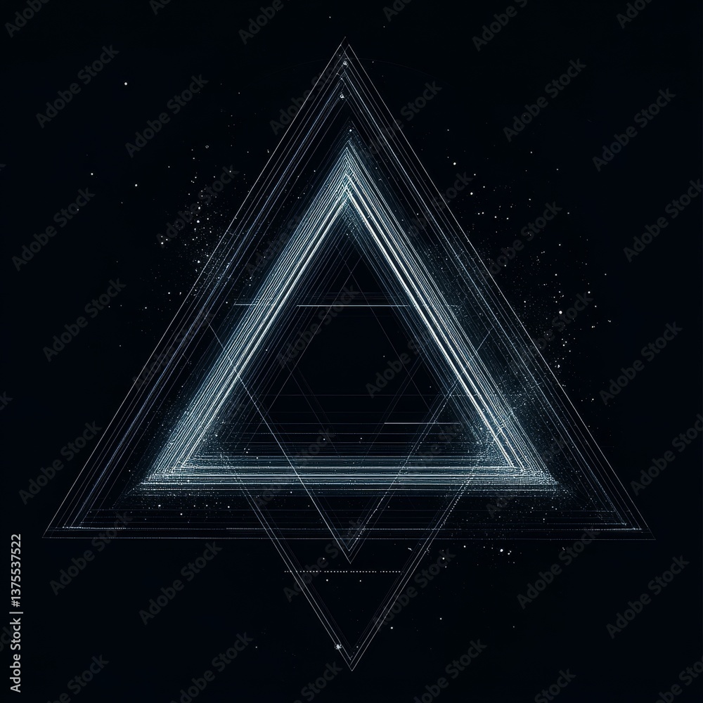 Poster geometric journey: a luminous triangle tunnel in the night sky with galactic dust and depth