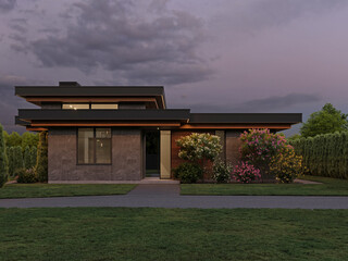 Modern house with flat roof and panoramic windows. Exterior. Evening illumination of the facade. House with swimming pool and large terrace. Modern architecture