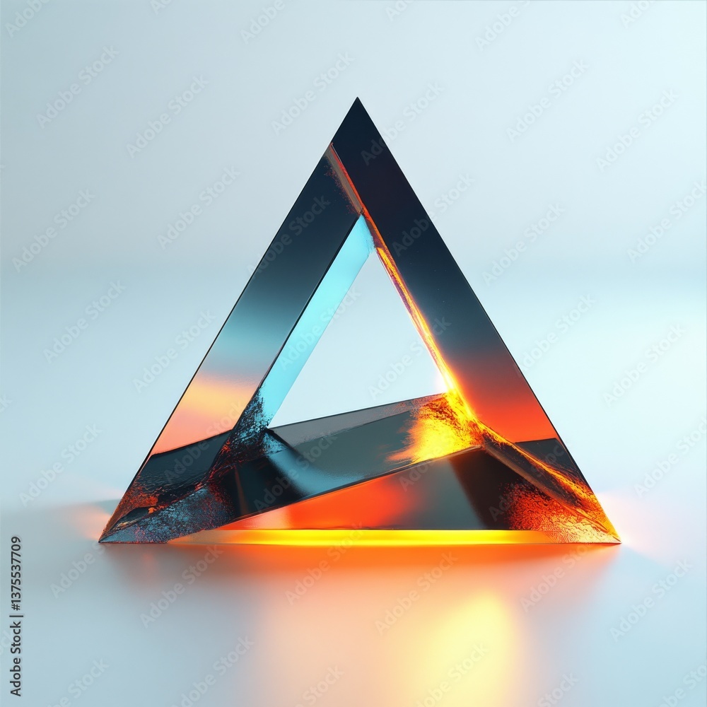 Poster illuminated triangle sculpture: a 3d render of a geometric object with warm orange and cool blue lig