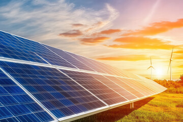 A futuristic renewable energy station with rows of sleek blue solar panels. The high-efficiency panels glisten under a breathtaking sunset sky, symbolizing the future of clean energy.