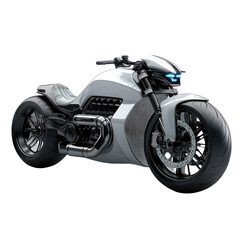 Fototapeta premium A futuristic silver motorcycle, a sleek and powerful machine embodying speed and innovation, with sharp lines and a clean design against a white background.
