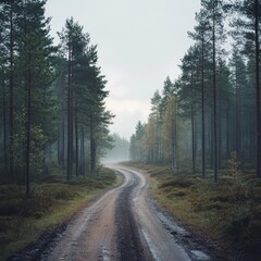 Naklejka premium Misty Road Through a Forest of Pines: A Serene Landscape with a Winding Dirt Road and Atmospheric Haze
