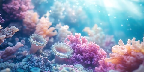 Naklejka premium Underwater Floral Scene with Coral Blooms for Marine Aesthetics, Oceanic Fantasy, or Nature-Inspired Designs