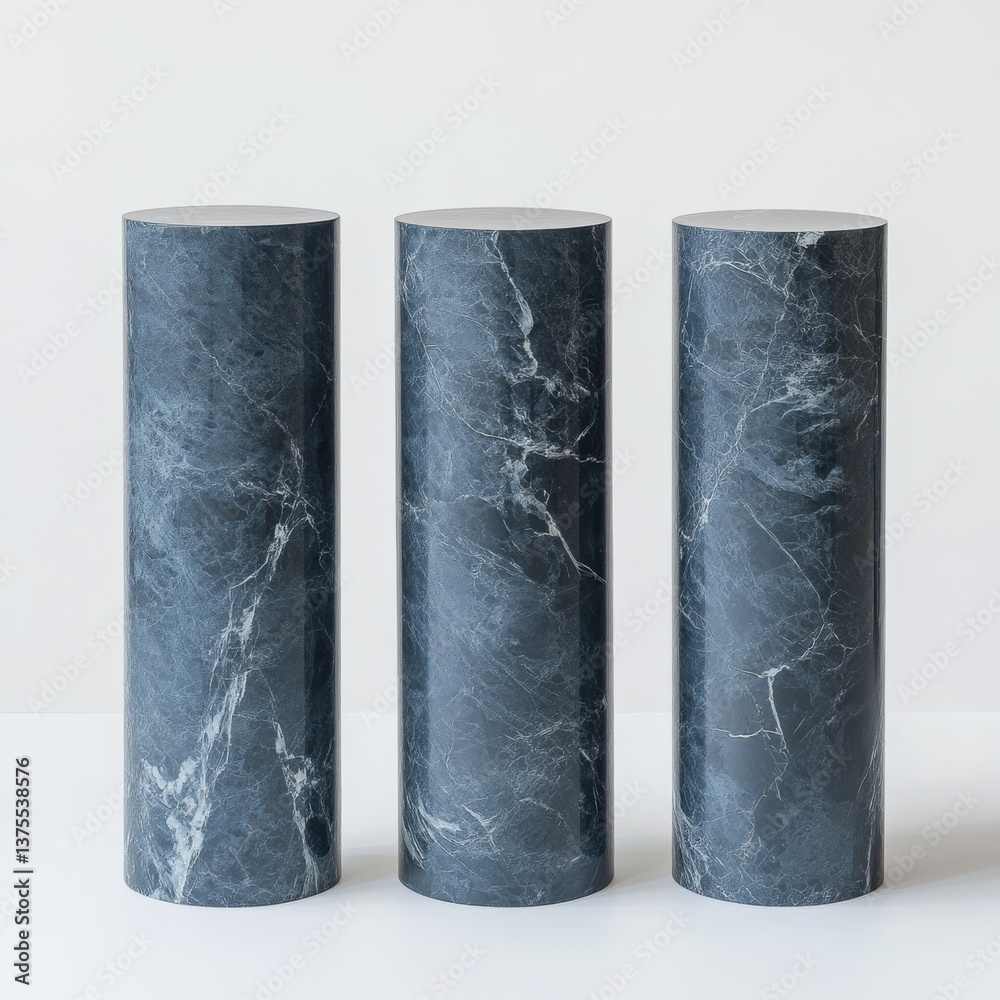 Poster three marble cylinders: a minimalist display of stone texture and form against a clean white backgro