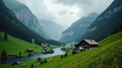 Fototapeta premium A high-quality professional photo of Val Roseg, Switzerland, Europe, taken mid-day in rainy conditions from an ordinary perspective, showcasing detailed landscapes and moody weather.