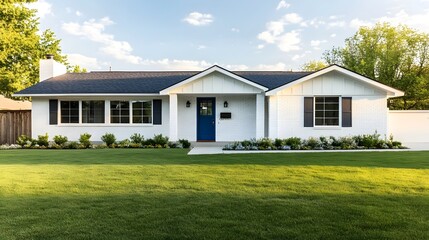A cozy and inviting residential home surrounded by a lush green lawn and mature trees in a peaceful suburban neighborhood