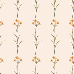 seamless minimalist watercolor botanical pattern with yellow flower on a cream background, hand painted
