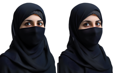 Two images side by side, the left one of an Muslim woman wearing black hijab covering her face and right one is without mask , transparent background