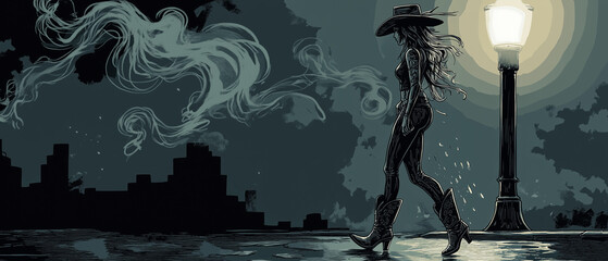 A moody, noir-style digital drawing of an urban cowgirl walking under a flickering city streetlight