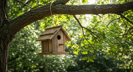 Rustic birdhouse made from reclaimed wood hanging on a tree branch in a natural setting