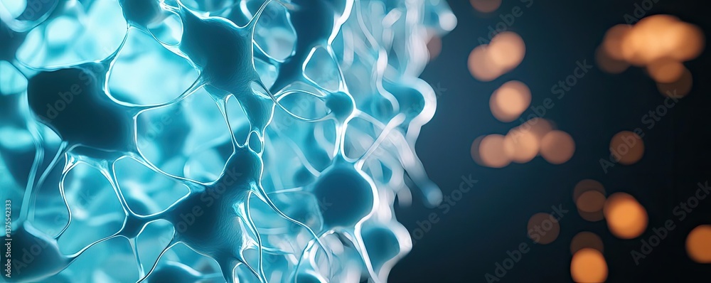 Poster blue exosome particles in medical and skincare concept. abstract representation of cellular structur