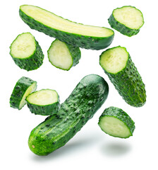 Longitudinal and cross section slices of cucumbers levitating in air on white background. File contains clipping paths.