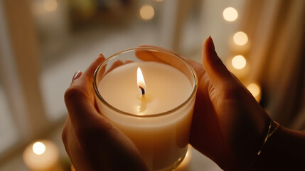 candle glowing softly in hands creates warm atmosphere