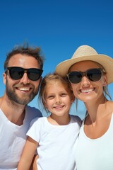 Fototapeta premium A family of three smiling for the camera. The father is wearing sunglasses and the mother and daughter are wearing hats