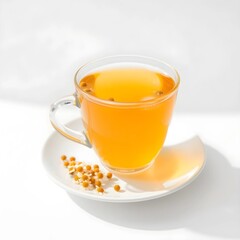 Glass Teacup with Bright Yellow Chamomile Tea on White Saucer &ndash; Fresh, Inviting Stock Photo