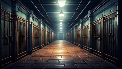 Prison cell corridor in dark scene concept in cartoon illustration