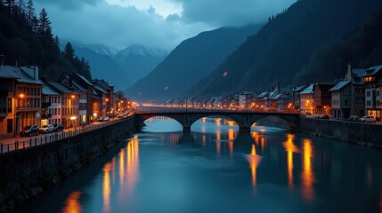 Fototapeta premium A high-quality night photo of Rhine Gorge (Ruinaulta) in Switzerland, Europe, during rainy conditions, shot from a regular perspective, capturing the moody atmosphere.