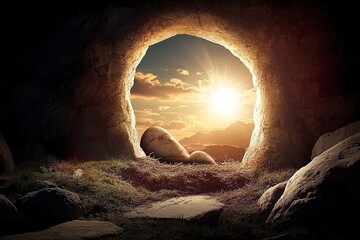 empty tomb of Jesus Christ at sunrise resurrection