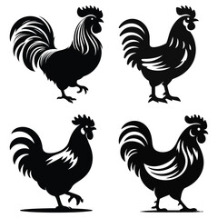 Rooster and hen vector illustration with farm animals in cartoon and silhouette style