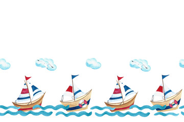 seamless marine-themed border with ships and waves, watercolor illustration for packaging, textiles, tableware